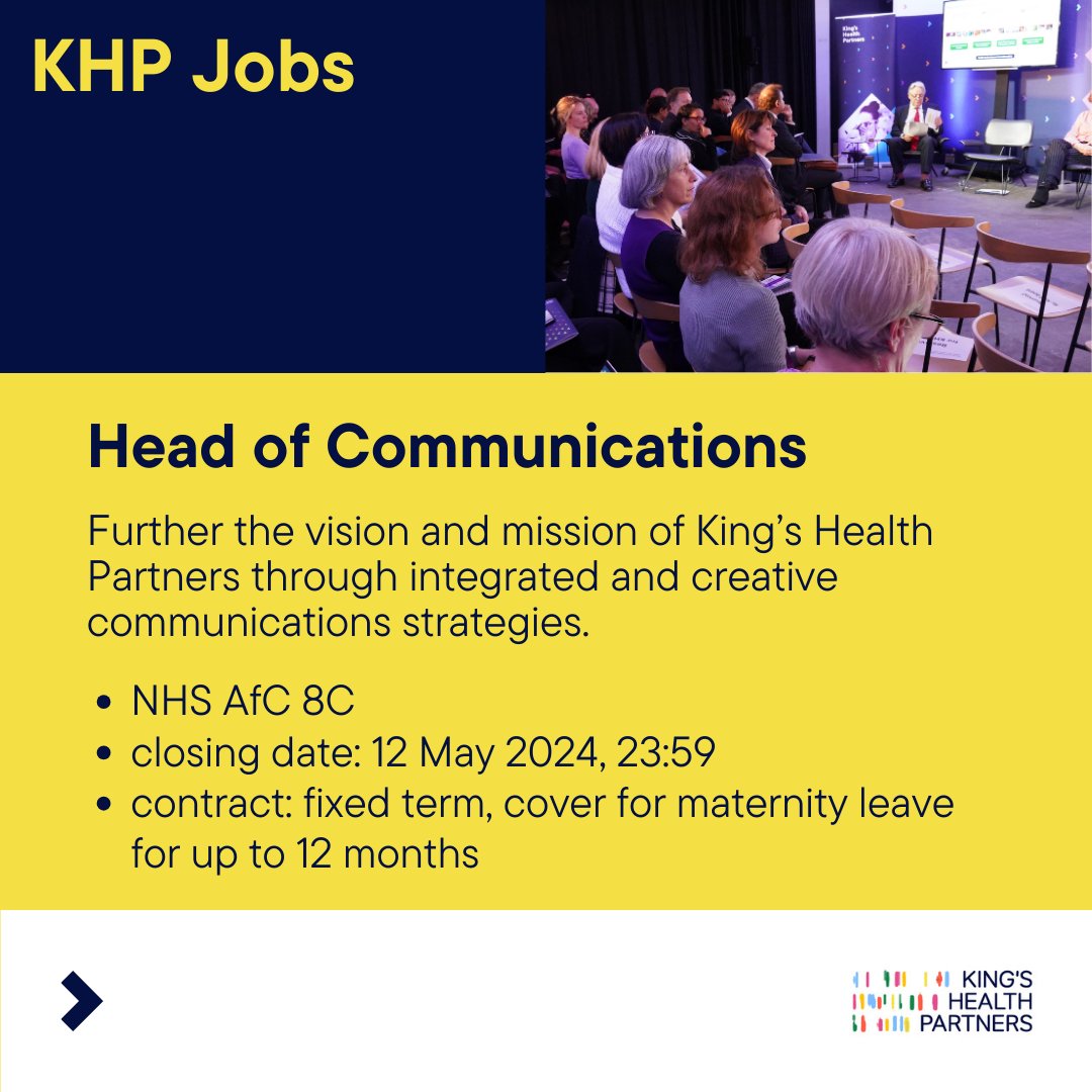 We are looking for a Head of Communications (maternity cover) to join our team at what is an exciting time for us, as we develop our new KHP 2030 strategy. Use strategic thinking and strong management skills to take the KHP mission forward! Apply ➡ guysandstthomas.nhs.uk/current-vacanc…