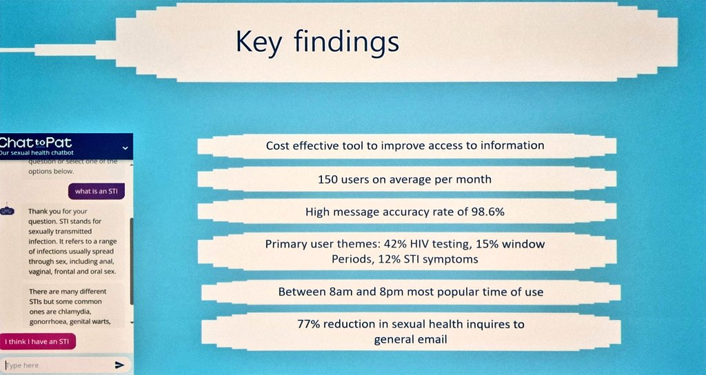 1/2 Pat, an AI tool developed by @PositiveEast & @japetoai Why? How? What it looks like (video is AMAZING!) Key findings Learnings: lots if chlamydia spellings! #BHIVA24