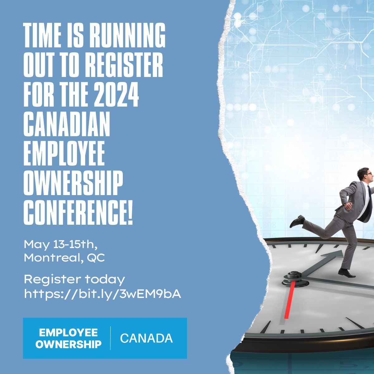 📢 Don't miss out on the opportunity to attend the 2024 Canadian Employee Ownership Conference! ⏰ Time is running out, so make sure to secure your spot now!

Register today at  buff.ly/4aiEL3W. 
 #EmployeeOwnership #EOCanada #CanEOConference