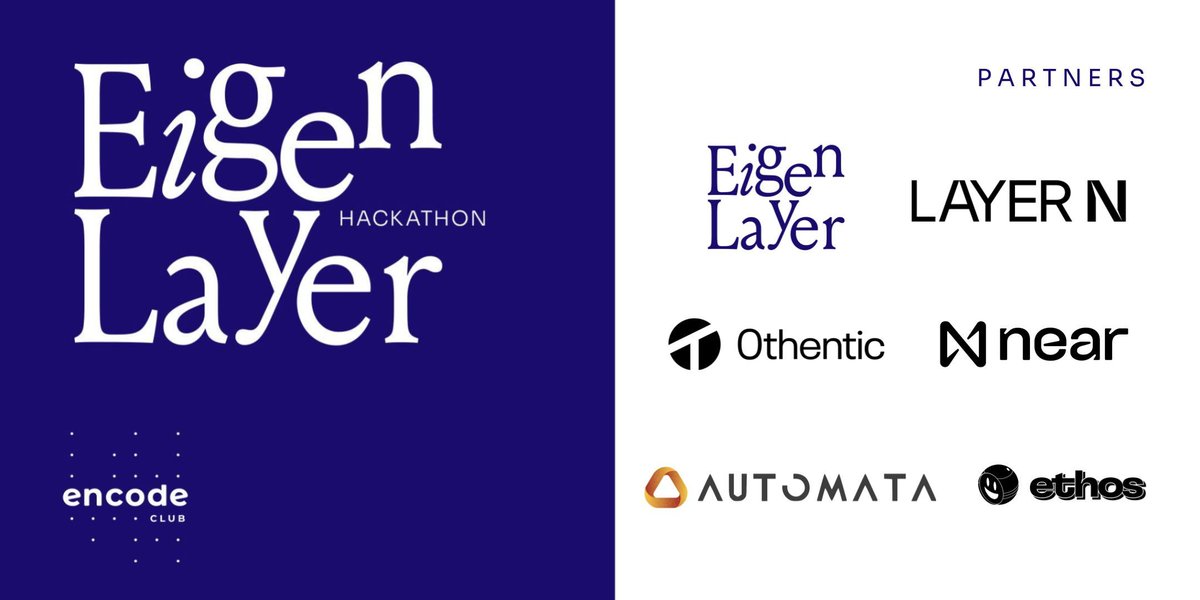 🚨 BIG UPDATE: Presenting EigenLayer Hackathon partners: @eigenlayer @LayerN_Official @0xOthentic @NEARProtocol @AutomataNetwork @EthosStake 👉 They'll give you the knowledge & tools you need to tackle restaking and win cool prizes! Read more: encode.club/eigenlayer-hac…