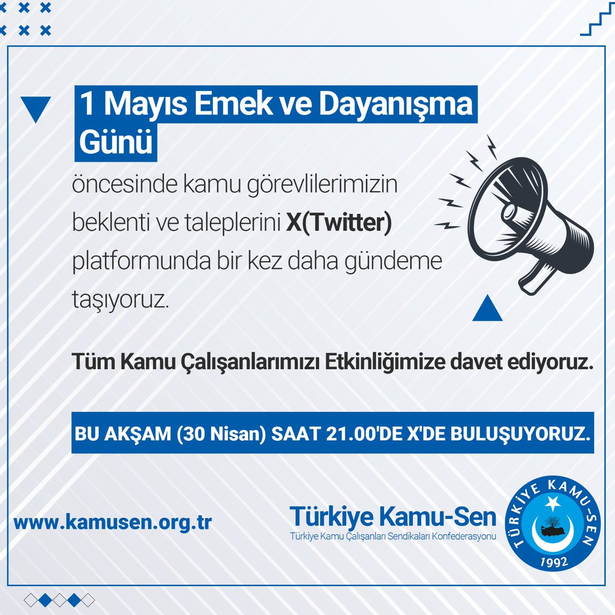 OnderKahveci's tweet photo. 1 Mayıs Emek ve Dayanışma Günü öncesinde, Kamu görevlilerimizin talep ve beklentilerini bir kez daha gündeme taşımak amacıyla;

📅 30 Nisan Salı (Bu akşam)

⏰ 21:00’da 

 📍(X) Twitter’da buluşuyoruz. https://t.co/391AXxu0NF