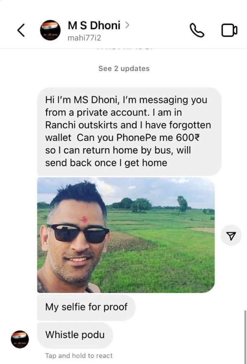 I got this DM from Dhoni , he is in trouble, should I go ahead and help Mahi or not ? His wife and kid waiting for him 😜