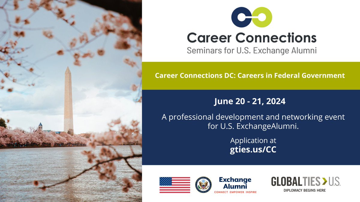 U.S. citizen #ExchangeAlumni, do you want to crack the 🏛️federal career code? Come to #CareerConnections DC from June 20-21 to learn how to get a federal job, build a federal career, & network with other like-minded #ExchangeAlumni. Application info at gties.us/CC.