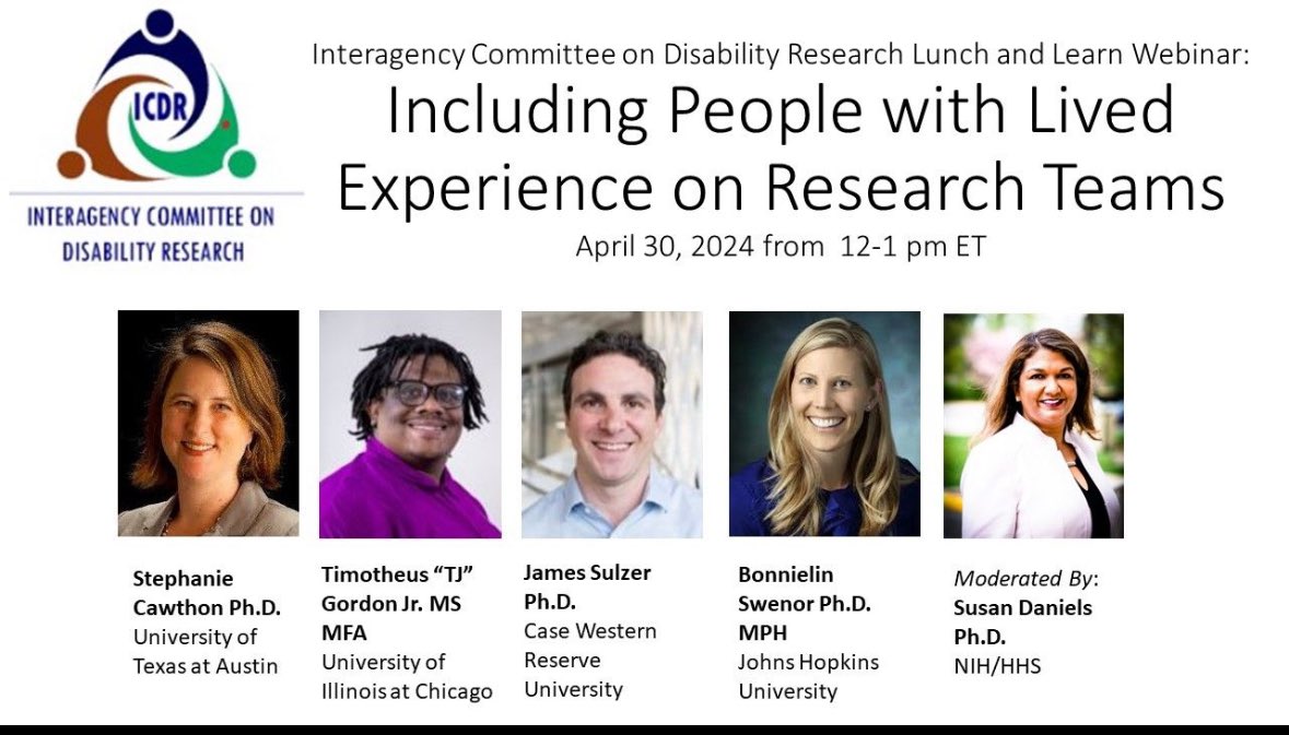 Join us today at 12:00 pm ET for the ICDR Lunch & Learn Webinar to hear from Stephanie Cawthon PhD, Timotheus Gordon Jr. MS MFA, James Sulzer PhD, and Bonnielin Swenor PhD MPH about insights researchers with lived experience bring to research teams. us06web.zoom.us/meeting/regist…