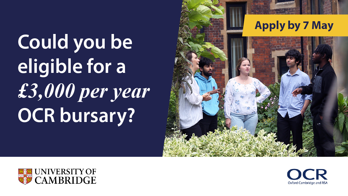 📣LAST CHANCE! Applications for the OCR @Cambridge_Uni bursary scheme close Tuesday 7 May. Apply online: ow.ly/BasB50Rl4n4