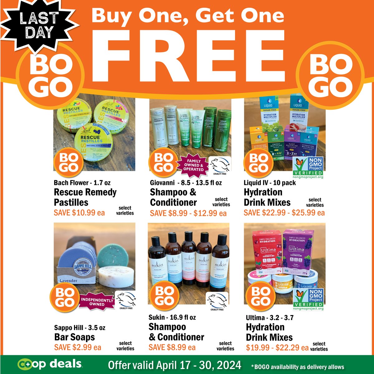 Today is the last day to pick up these BOGO savings. Oneota Co-op is open 8 a.m. to 9 p.m. daily in beautiful downtown Decorah. #oneotacoop #foodcoop #decorah #communityowned