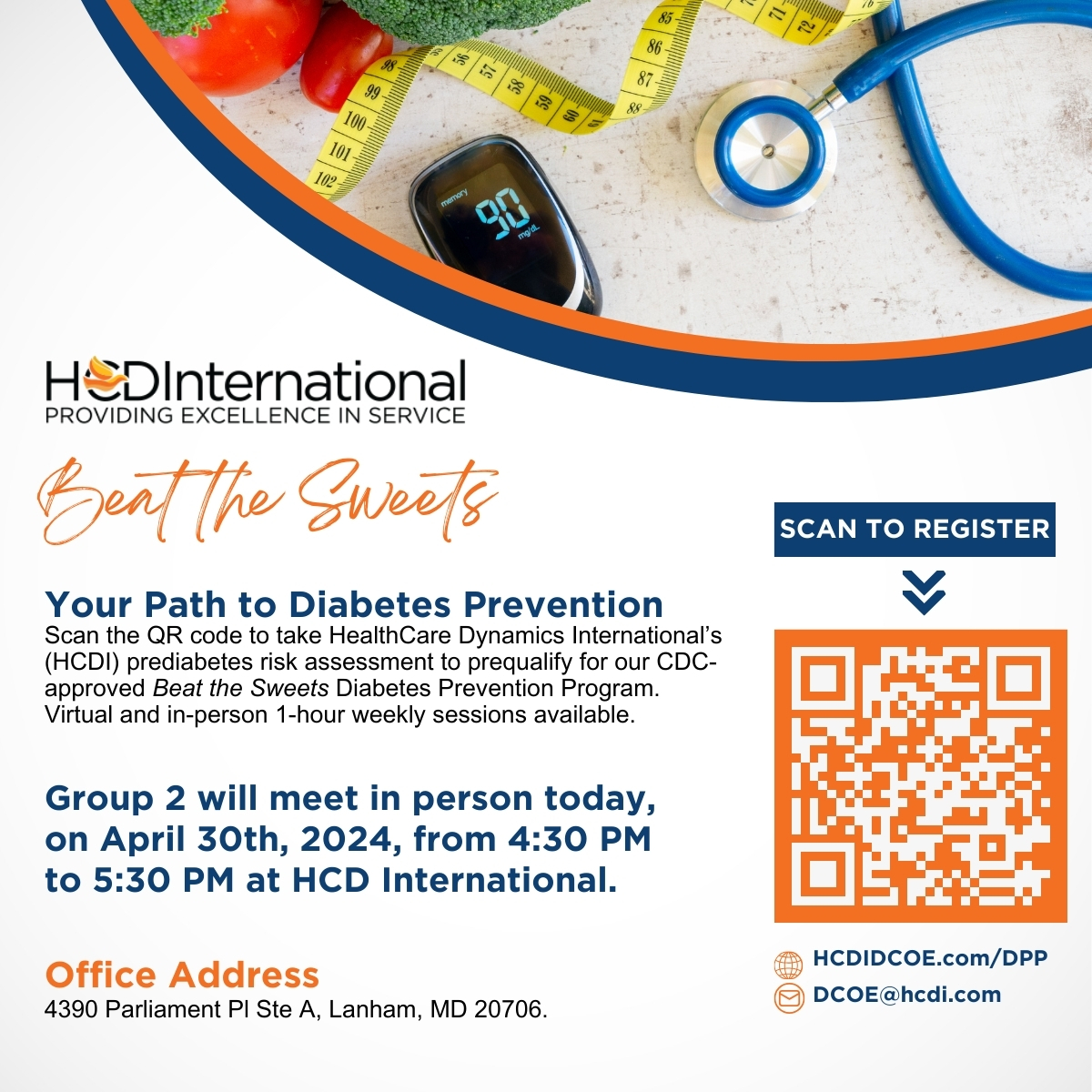 Group 2 meets today from 4:30 to 5:30 p.m. To prequalify, complete our Prediabetes Risk Assessment and contact HCDI for more. Scan the QR code or visit ow.ly/NERy50RofB4. #MarylandHealth #DiabetesPrevention #PrediabetesAwareness #HCDI #HCDInternational