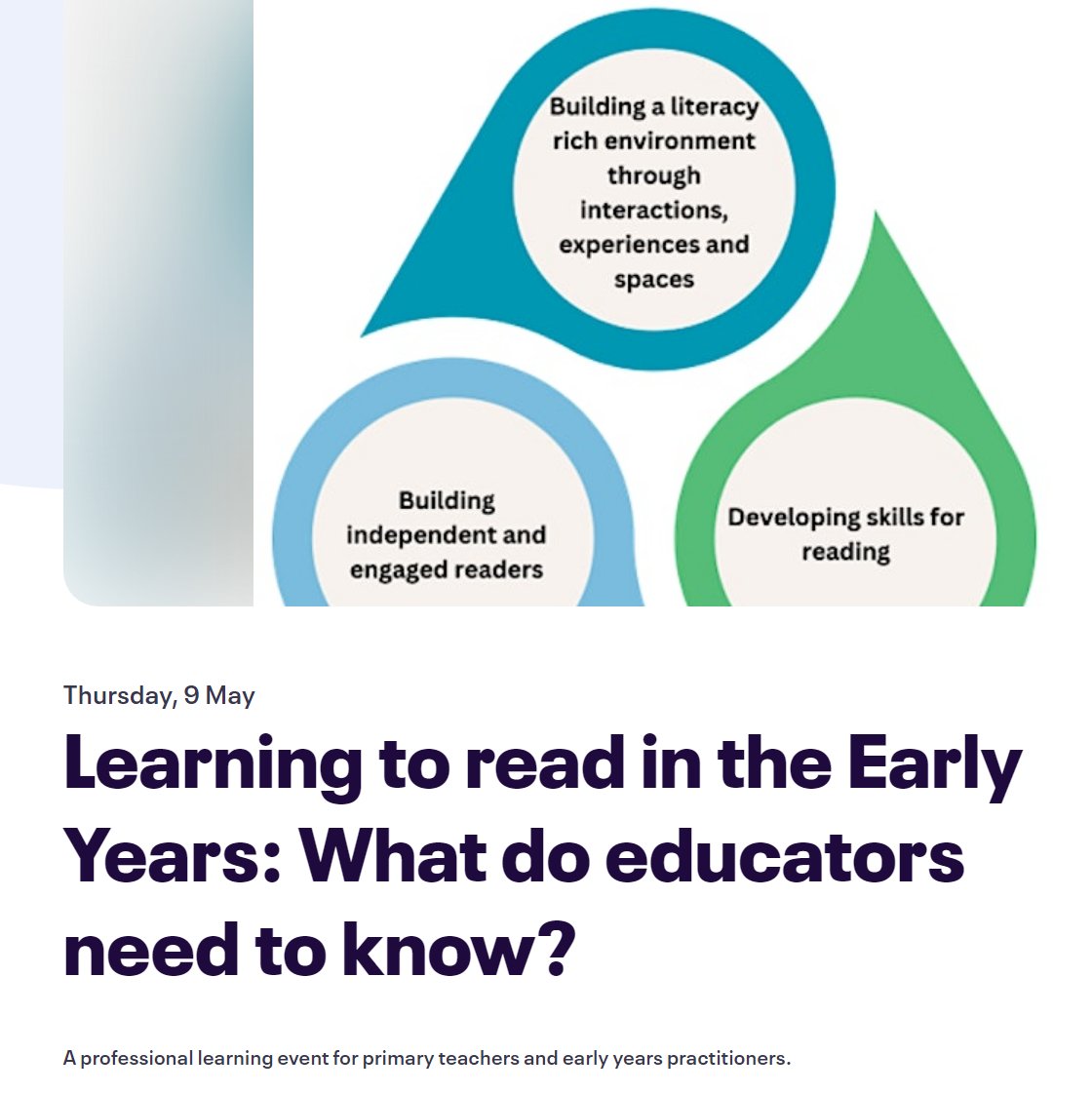 #TeamELC Sign up for the Learning to read in the Early Years event on 9 May 2024 from 16:00 - 17:00 eventbrite.co.uk/e/learning-to-… An alternative date on 13th May is linked in the thread below.