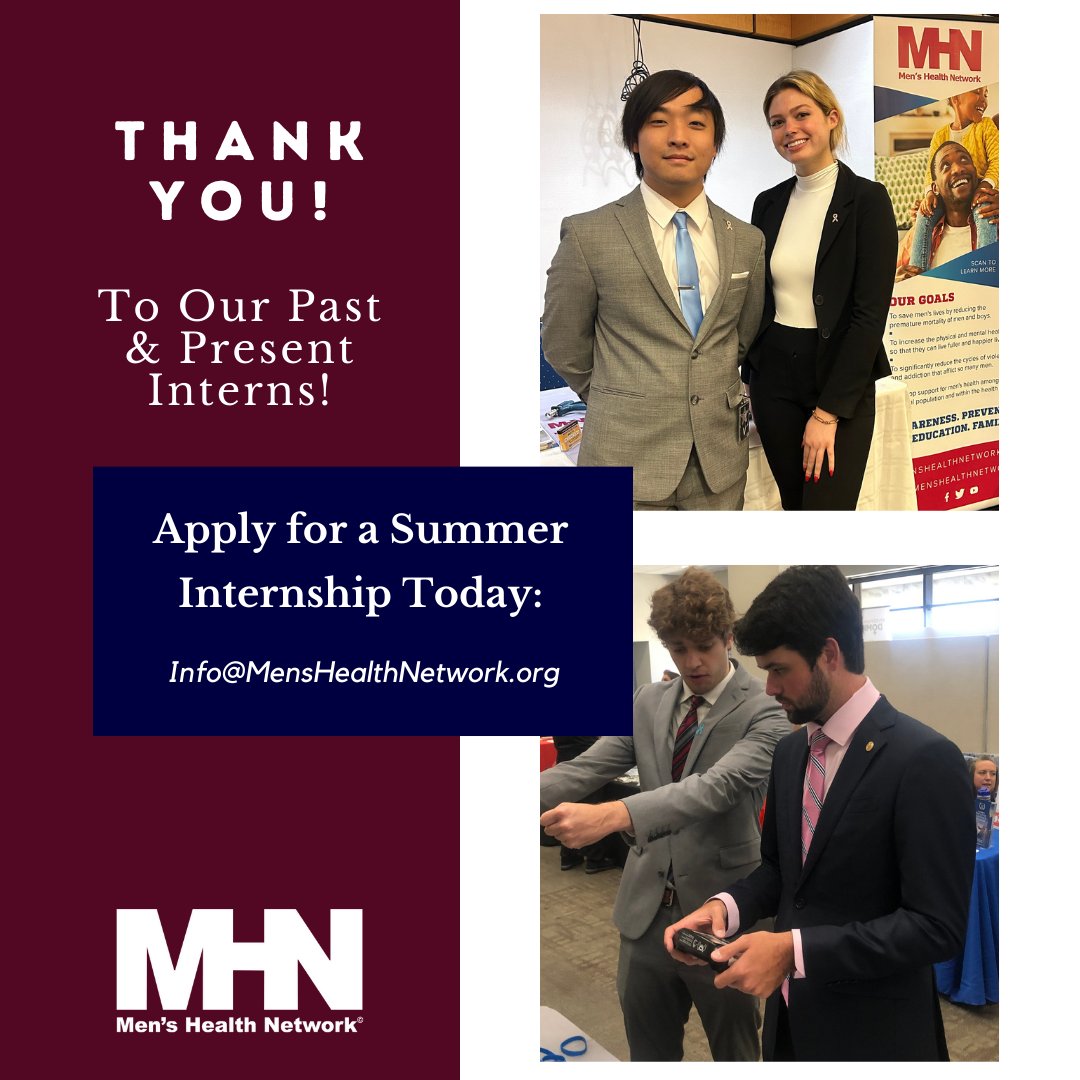 We want to say a HUGE thank you to all of our #Interns, both present & past! Now it's YOUR turn: Apply to our #SummerInternship program, near D.C. Email Resumes: Info@menshealthnetwork.org All majors welcome! #Men #MensHealth #MentalHealth #MenandBoys #DCInternship #DCIntern