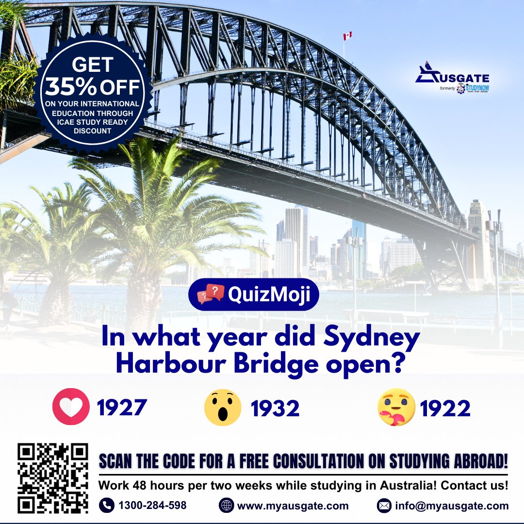 And its opening year is... Hit this link to book FREE CONSULTATION on studying abroad: calendly.com/info-ausgate

#StudyInAustralia #AustralianEducation #StudyAbroadExpert #AustralianVisa #StudentVISA #InternationalStudents #StudyAbroadConsultants