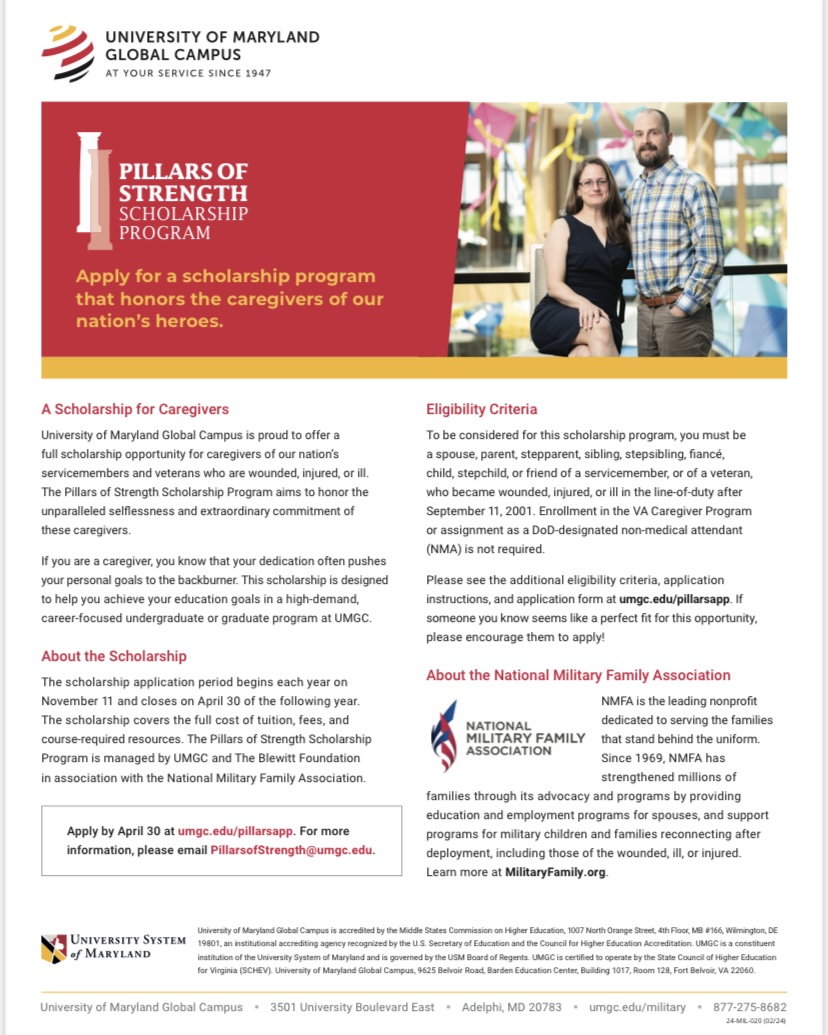 TODAY is the last chance to apply for the Pillars of Strength Scholarship Program! 🎓 @umdglobalcampus is offering multiple scholarships for caregivers of a recovering service member or veteran. Apply today! loom.ly/rNd2Dyc