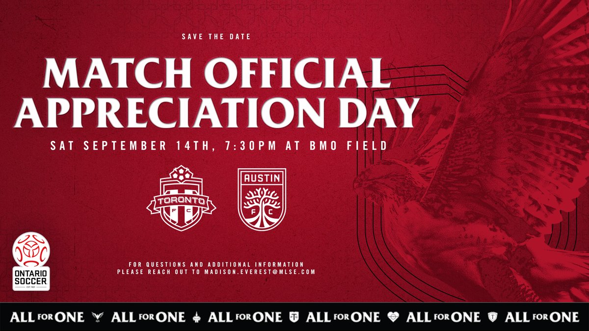 SAVE THE DATE 🗓️: @TorontoFC’s Match Official Appreciation Day is set for Sat. Sept. 14 during their match vs. Austin FC.

Join us at BMO Field and let’s celebrate the unsung heroes who serve our community and safeguard the Beautiful Game. ⚽🙌 

#NoRefNoGame #PlayInspireUnite