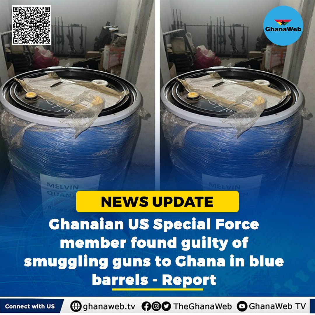 Ghanaian US Special Force member found guilty of smuggling guns to Ghana in blue barrels - Report. Click to read >>>> ghanaweb.com/GhanaHomePage/…