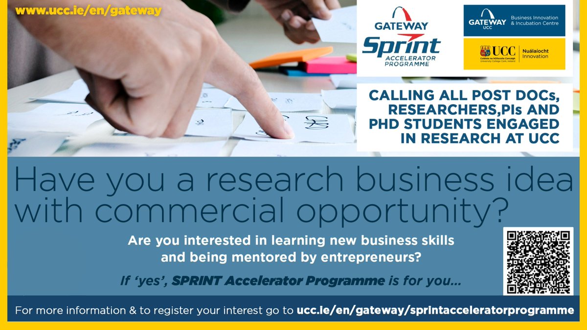 Applications are now open for the SPRINT digital badge. If you have a research business idea with commercial opportunity & would like to earn a digital badge while learning new business skills, register now - bit.ly/3oUYLqT. Applications close Fri 17th May #UCCInnovates