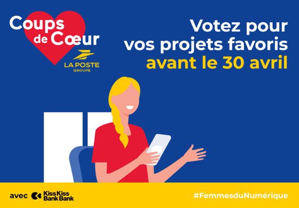 Plus que quelques heures pour voter pour votre Coup de❤️#FemmesduNumerique @GroupeLaPoste x @Kissbankers Perso je soutien la Connected Women Foundation, une des 2 lauréates des Pays de la Loire, qui s'engage pour la parité dans l'innovation et la tech welcome.kisskissbankbank.com/laposte-coupsd…