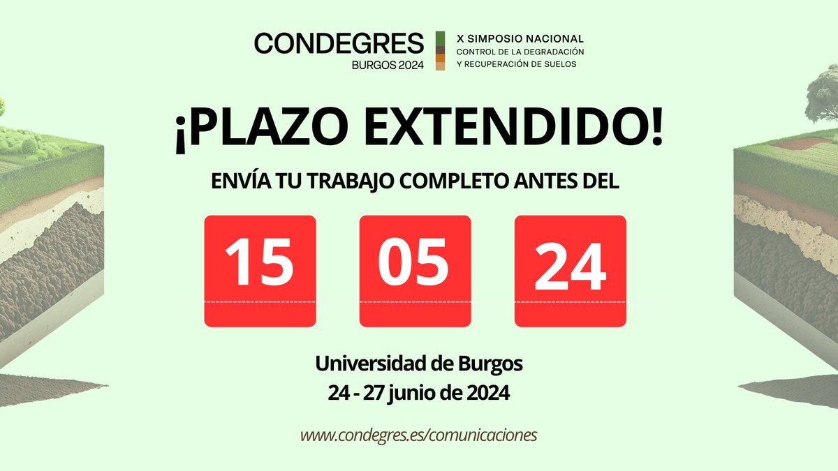 📢 #CONDEGRES2024 Se amplía el plazo para enviar las comunicaciones extendidas al hasta el 15 de mayo⏳. • Envío de resúmenes: ubu.es/formularios/fo… • Formulario de inscripción: condegres.es/inscripciones/