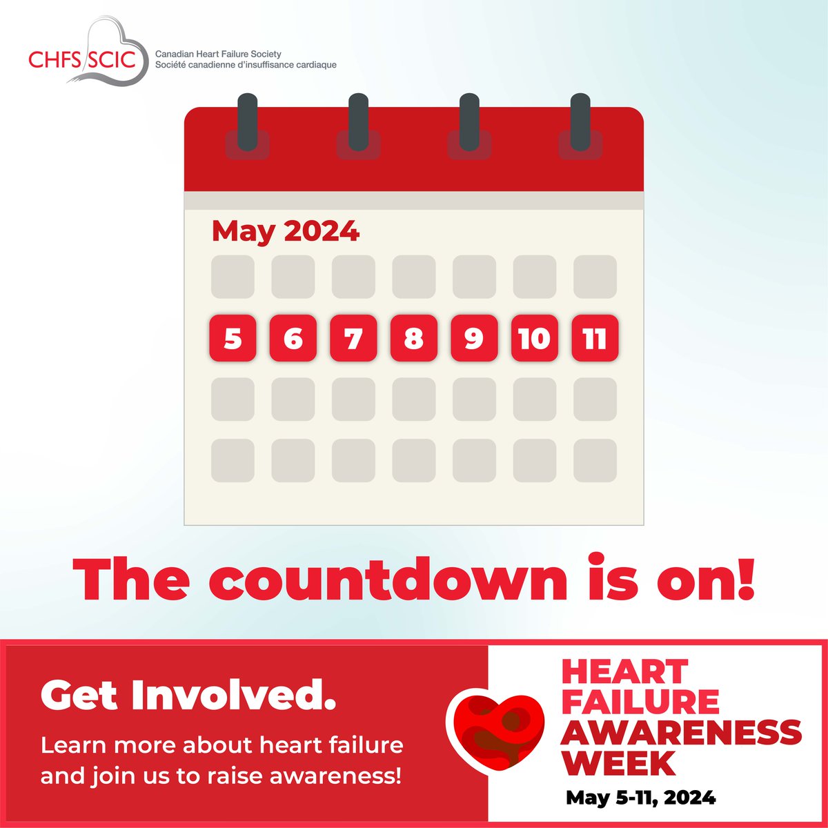 The countdown to #HeartFailureWeekCan 2024 has begun! Join us from May 5-11 to raise awareness and support those affected by heart failure. Visit heartfailure.ca to access tools and resources.