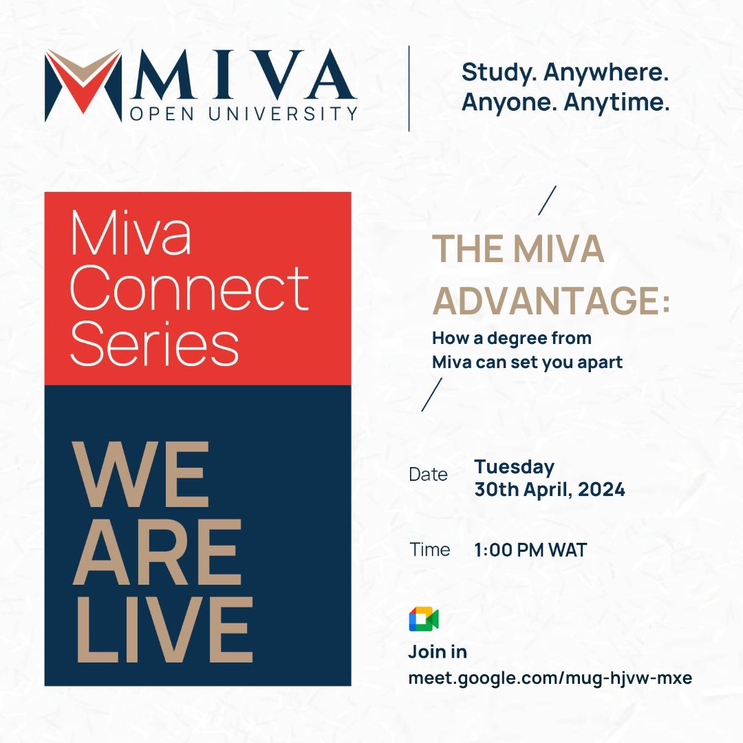 We are LIVE!!! 🎯

Use this link to join us: ⏬
meet.google.com/mug-hjvw-mxe

#MivaOpenUniversity #MivaConnectSeries #StudyatMiva #GetMivaGetMoving #MivaCommunity