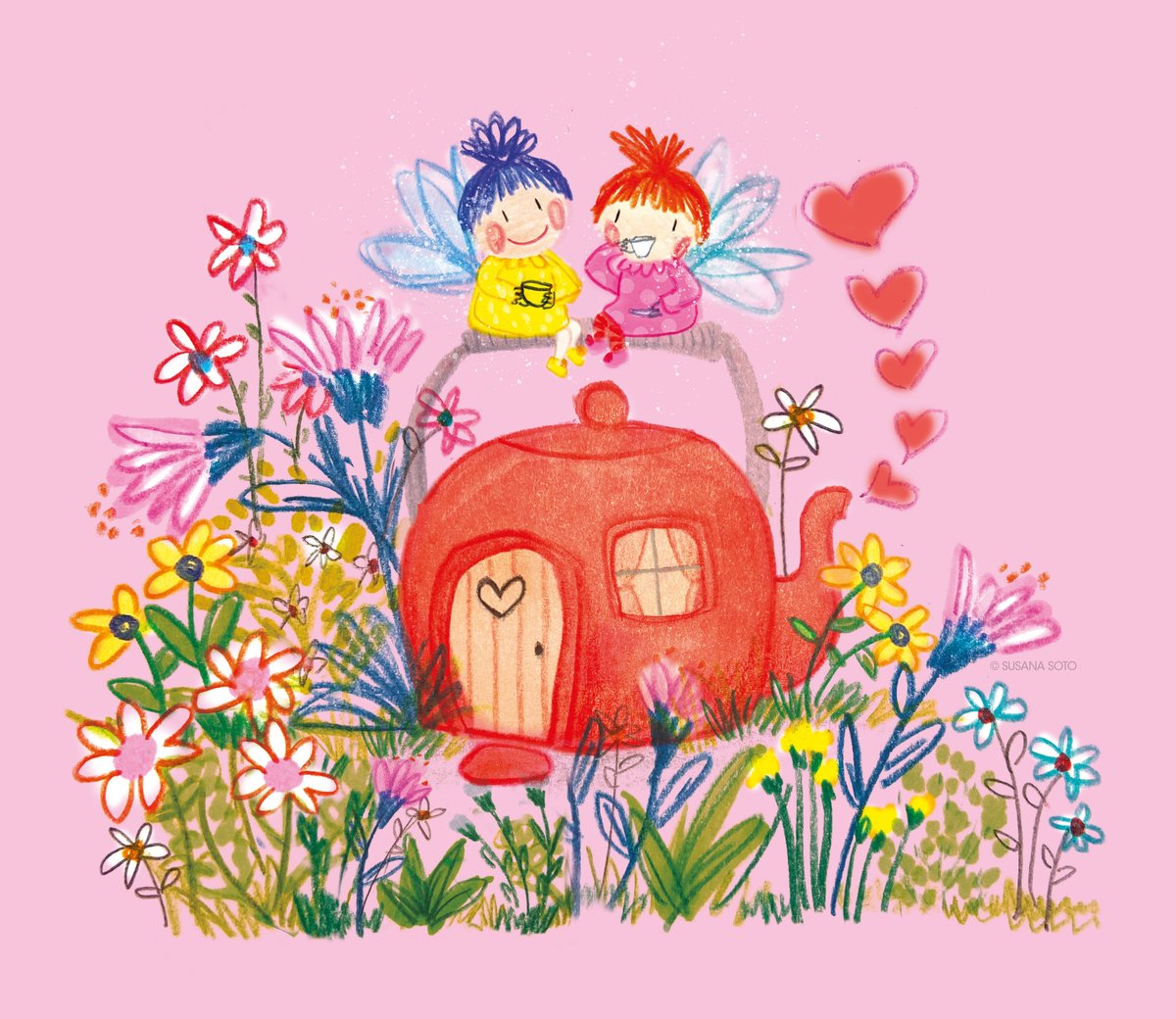 Perched on their precious teapot house, these fairy besties by Susana Soto (represented by @goodkidtweets) love to have tea together while admiring the spring florals. Check out this artist's #portfolio 👉 childrensillustrators.com/SusanaSoto/por… #kidlitart