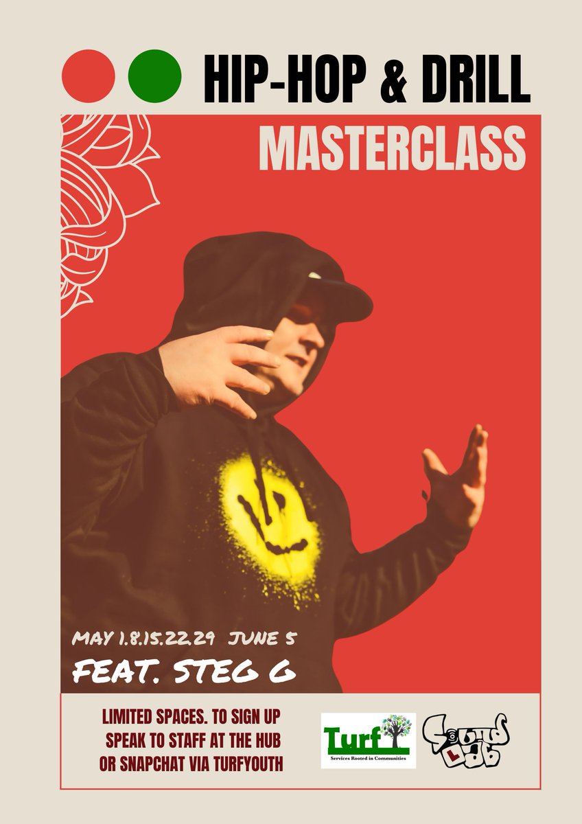 The Sound Lab (@thesoundlab_gla) on Twitter photo <a href="/Steg_G/">Steg G</a> is back at it again this week, delivering hiphop and drill workshops for young people in Cardonald, in partnership with the good people at <a href="/TurfYService/">Turf Youth & Community Project</a> .
Sessions will run throughout May into June. Spaces strictly limited - speak to staff at the Turf Hub for more. <a href="/Steg_G/">Steg G</a> is back at it again this week, delivering hiphop and drill workshops for young people in Cardonald, in partnership with the good people at <a href="/TurfYService/">Turf Youth & Community Project</a> .
Sessions will run throughout May into June. Spaces strictly limited - speak to staff at the Turf Hub for more.