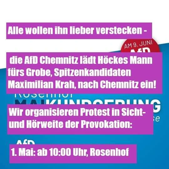 AgRChemnitz's tweet photo. Die #noafd  in #Chemnitz hat kein Problem mit Krah, er ist morgen zum 1.Mai mit vor Ort. Wir sind mit einem Infostand geplant bei der DGB-Veranstaltung auf dem Markt und organisieren zusätzlich einen Protest. Kommt unbedingt vorbei, wer kann! https://t.co/ffaSeClKjd