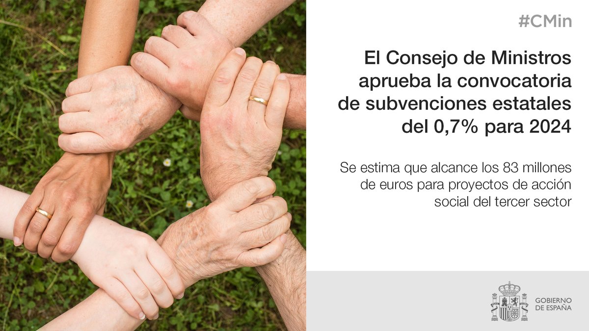 💼 El #CMin aprueba las subvenciones estatales del 0,7% para este año 2024, una de las principales herramientas de financiación del tercer sector de acción social. 🔗 Aquí tienes más información: mdsocialesa2030.gob.es/comunicacion/n…