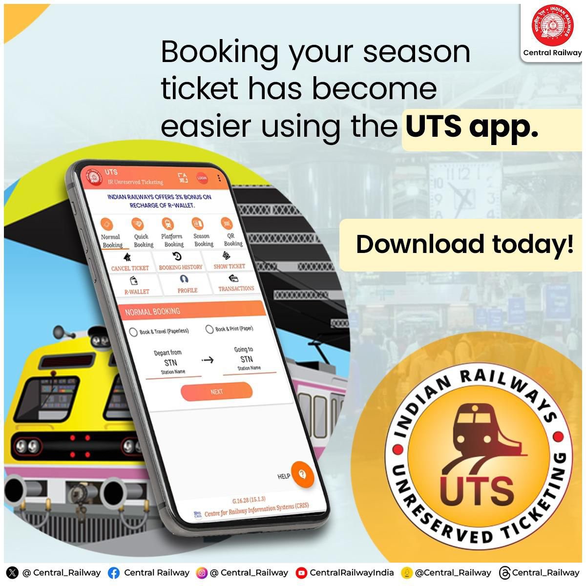 Quit the Queue.
Use the UTS APP to book your tickets. 
The UTS app is here to save your time. 
 Get your season ticket now at one click.
 #CentralRailway #UTSApp