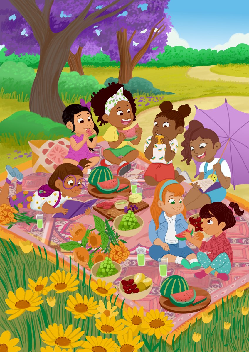 Why not take advantage of nature in bloom and have a picnic outdoors like these friends by Nadia Ronquillo @nadia_ronquillo? Check out this artist's #portfolio 👉 childrensillustrators.com/nadiaronquillo… #kidlitart