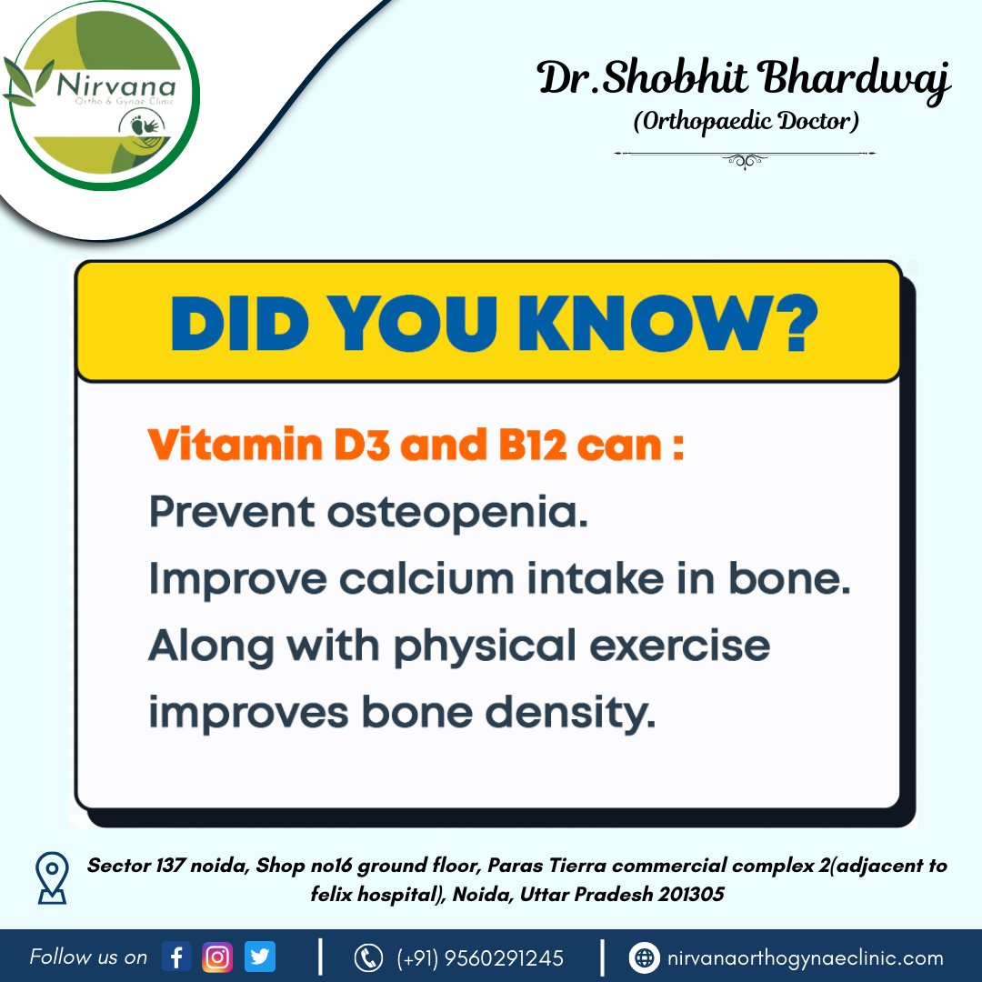 Did you know?

Vitamin D3 and B12 can: Prevent osteopenia. Improve calcium intake in bone. Along with physical exercise improves bone density.

𝐃𝐫.𝐒𝐡𝐨𝐛𝐡𝐢𝐭 𝐁𝐡𝐚𝐫𝐝𝐰𝐚𝐣 (Best Orthopaedic and Joint Replacement Surgery in Noida).

#Didyouknow #backpain #KneeReplacement