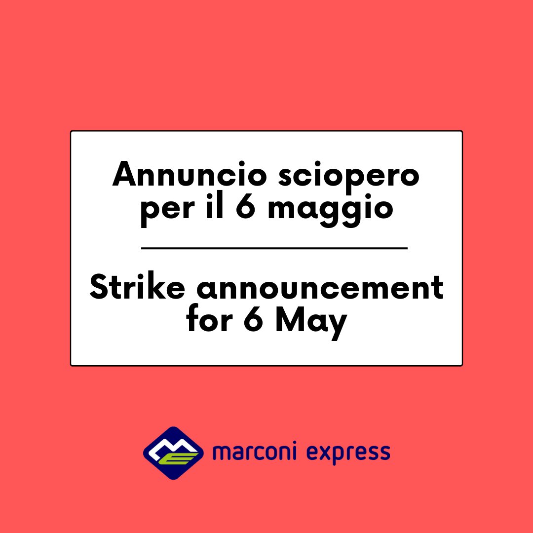 🔴 Annuncio sciopero per lunedì 6 maggio

Leggi di più ➡️ marconiexpress.it/annuncio-sciop…

🔴 Strike announcement for Monday 6 May

Read more ➡️ marconiexpress.it/en/strike-anno…