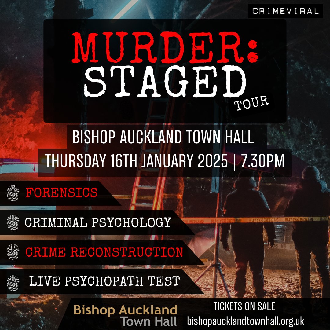 Following the success of @CrimeViral's serial killer tour, research & psychopathy expert @TheCheish Merryweather brings Murder: Staged to our venue next year. This unmissable evening for any true crime fan is on sale now! 📅 Thu 16 Jan 2025, 7.30pm 🎟️ bishopaucklandtownhall.org.uk/murder-staged