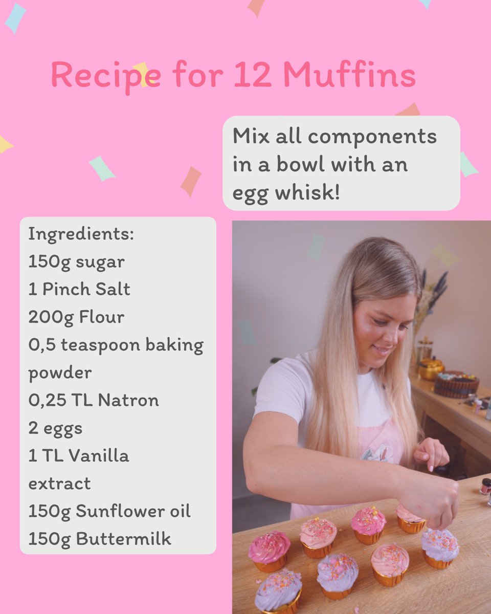 Recipe for 12 Muffins
Mix all components in a bowl with an egg whisk! 🧘

Ingredients:
150g sugar
1 Pinch Salt
200g Flour
0.5 teaspoon baking powder
0.25 TL Natron
2 eggs
1 TL Vanilla extract
150g Sunflower oil
150g Buttermilk

#vanillacake #cakecakecakecake
#annisbackevent