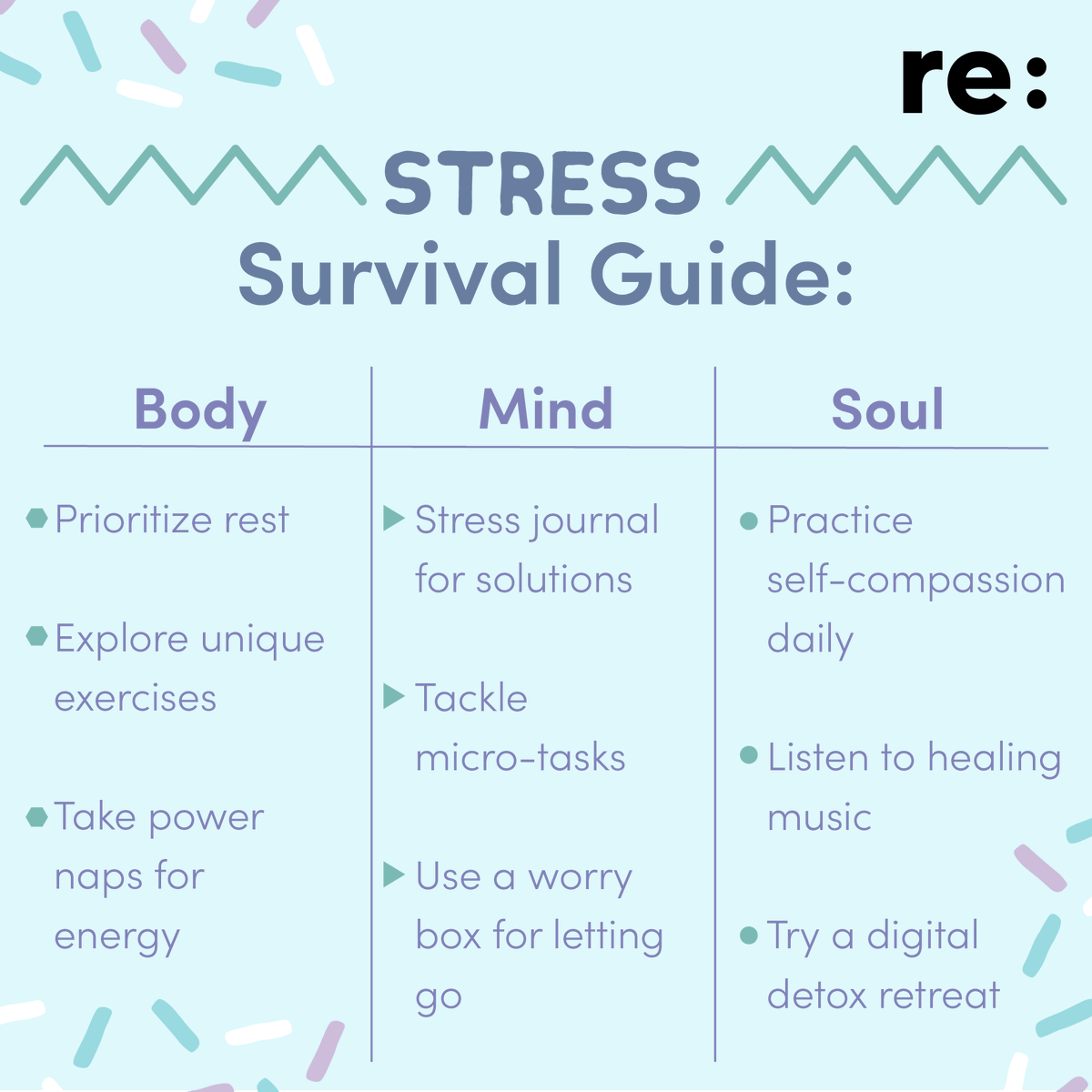 Taking stock of what you can and cannot control can do wonders to mitigate stress. Instead of getting trapped in vicious cycles of setting impossibly high standards, failing to reach them, practice a little de-stressing for your body, mind and soul every day.
