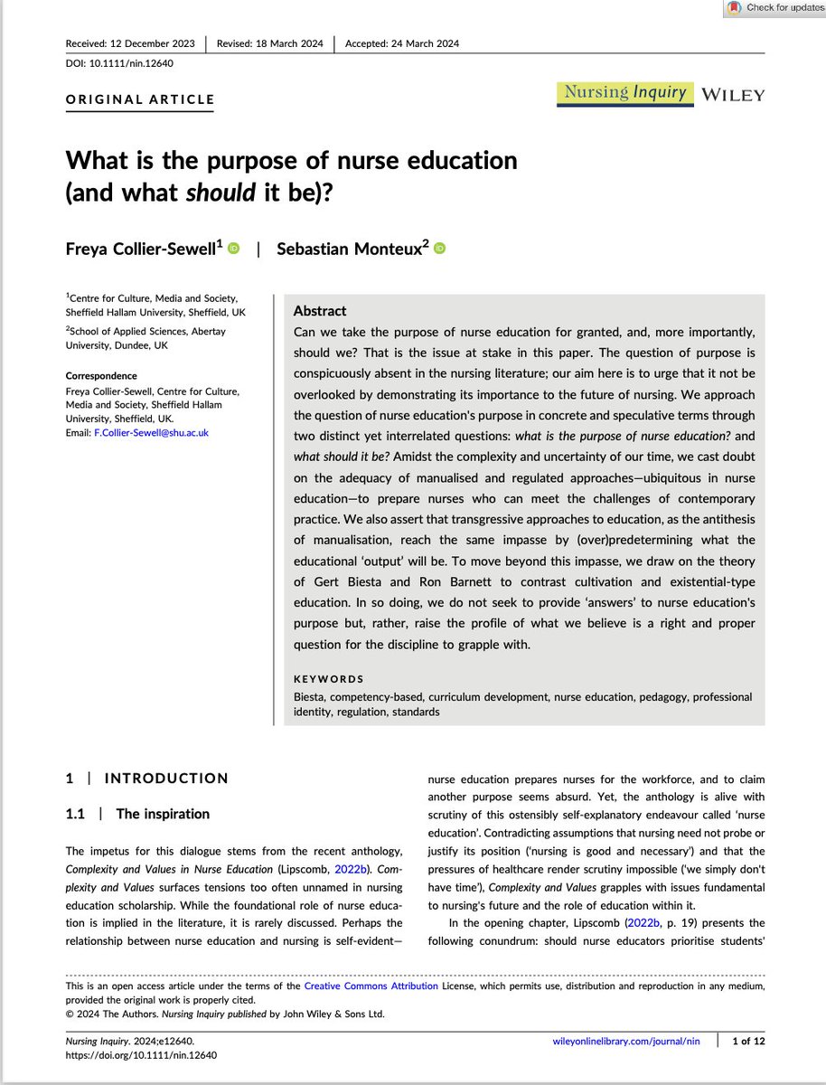 Freya Collier-Sewell (@freyaesewell) on Twitter photo Can we take the purpose of nurse education for granted and, more importantly, should we?
✨Very excited that this labour of love is now available open access:
doi.org/10.1111/nin.12… <a href="/NursingInquiry/">Nursing Inquiry</a> Can we take the purpose of nurse education for granted and, more importantly, should we?
✨Very excited that this labour of love is now available open access:
doi.org/10.1111/nin.12… <a href="/NursingInquiry/">Nursing Inquiry</a>