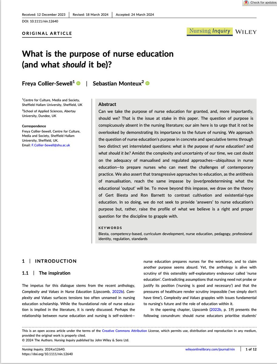 Can we take the purpose of nurse education for granted and, more importantly, should we? ✨Very excited that this labour of love is now available open access: doi.org/10.1111/nin.12… @NursingInquiry