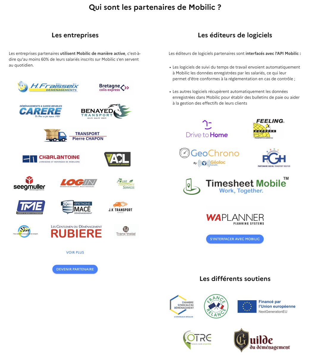 <a href="/Mobilic_gouv/">Mobilic</a> a de nouveaux partenaires !

➡️ Des entreprises qui luttent contre le travail illégal dans le transport routier léger en utilisant Mobilic de manière conforme.

➡️ Des logiciels qui permettent à leurs utilisateurs de se mettre en conformité réglementaire.