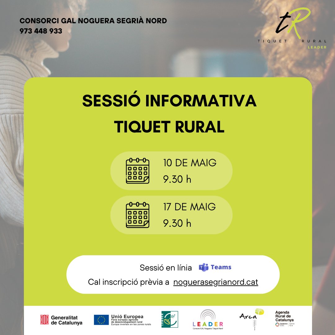 OBERTA LA CONVOCATÒRIA DEL TIQUET RURAL✅ Pots presentar la teva sol·licitud fins al 27 de maig.

Sessions informatives en línia:
📅 10 de maig, 9.30 hores
📅 17 de maig, 9.30 hores

INSCRIPCIÓ A LES JORNADES: 🔗forms.gle/Vrr5fYEEkzd6tC…