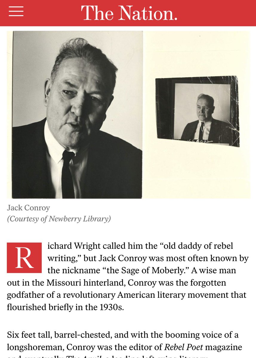 for @thenation, I got to write about Jack Conroy, the Sage of Moberly Missouri, whose novels are important to American literature, and were narrowly saved from the Red Scare ⤵️ thenation.com/article/activi…