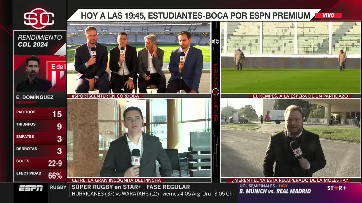 Gran equipo para la previa de Estudiantes vs. Boca en #SportsCenter: 🎙️ @MarceLopezLopez 🎙️ @EmilianoRaddi 🎙️ Juan Simòn 🎙️ @mateoferrer90 🎙️ @MarianoFusco2 🎙️ @Augustocesar22 📺 #ESPNenStarPlus