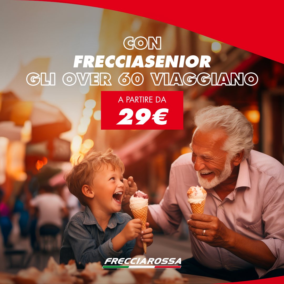 Frecciarossa_IT's tweet photo. Vacanza relax, viaggio culturale o visita ai nipoti? ❤️ Con l’offerta #FrecciaSENIOR gli over 60 iscritti al programma #CartaFRECCIA possono viaggiare a partire da 29 euro. 🚄 👉 https://t.co/yjAY0oeENX https://t.co/5QpCLHdaRx