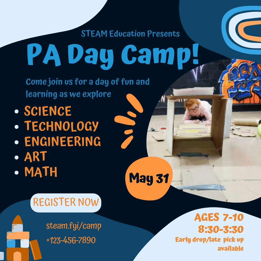 Have you booked your space yet? Our PA Day camps are always lots of fun exploring all things STEAM. Different activities and experiments every time. Ages 7-10 are welcome at this camp on May 31st. Register today at steam.fyi/camp