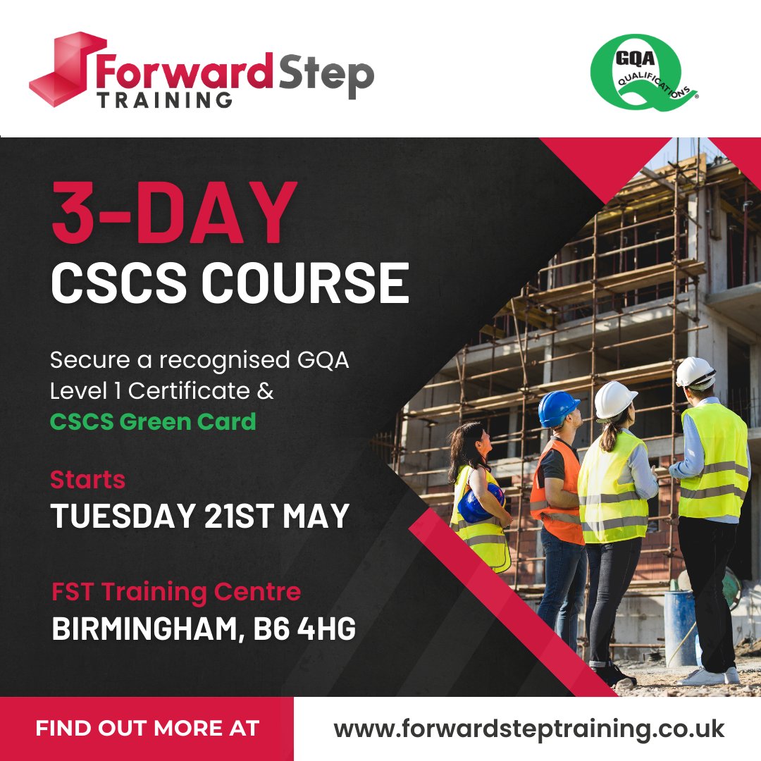 📅 Join our 3-Day CSCS Course starting on Tuesday 21st May!
 
 🏗️ Gain a Level 1 Award in Health and Safety in a Construction Environment and secure your CSCS Green Card!
 
More info: forwardsteptraining.co.uk/construction/ 
 
 #CSCSCourse #Constructiontraining #CSCS #birmingham