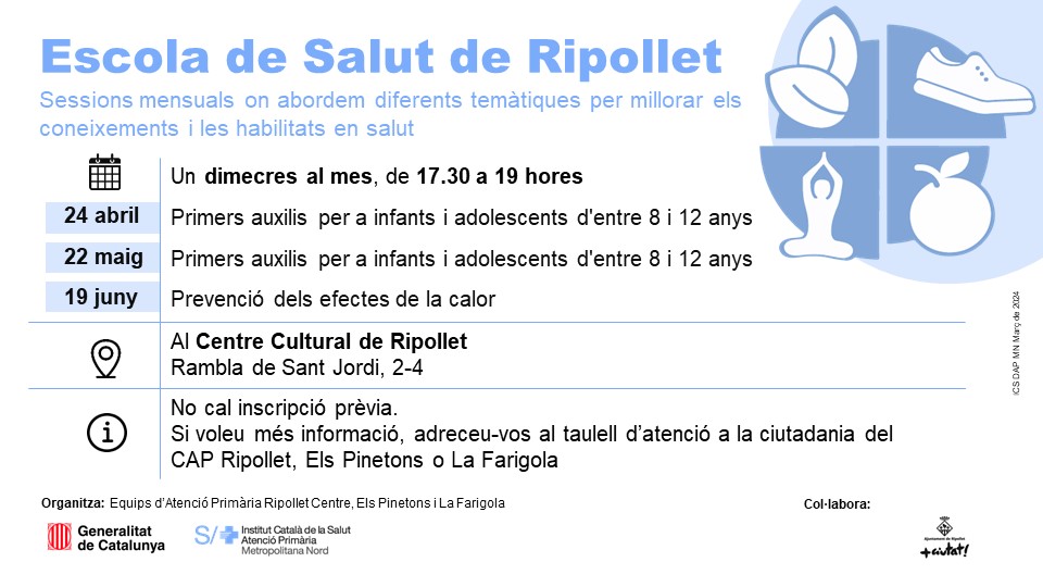 📚 𝗘𝘀𝗰𝗼𝗹𝗮 𝗱𝗲 𝘀𝗮𝗹𝘂𝘁 𝗱𝗲 𝗥𝗶𝗽𝗼𝗹𝗹𝗲𝘁 📚 organitzada pel #CAPRipollet #CAPLaFarigola #CAPElsPinetons i @AjRipollet 🗓️ 22 maig 👉Primers auxilis. Adreçat a mainada de 8 a 12 anys 🕕 17:30 a 19h 📍 Al Centre Cultural #Ripollet 🟢Entrada lliure