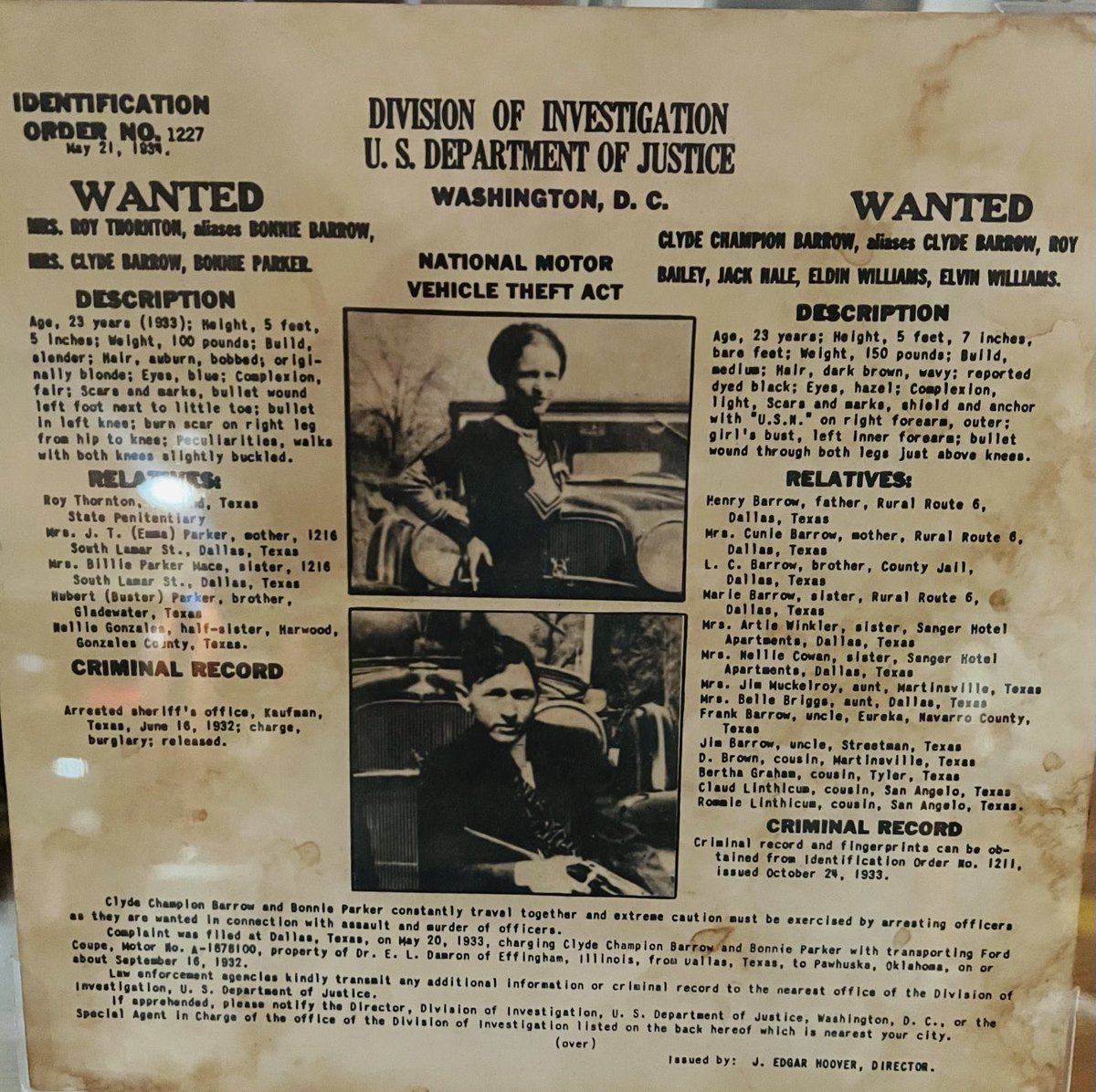 Original Bonnie & Clyde wanted poster.