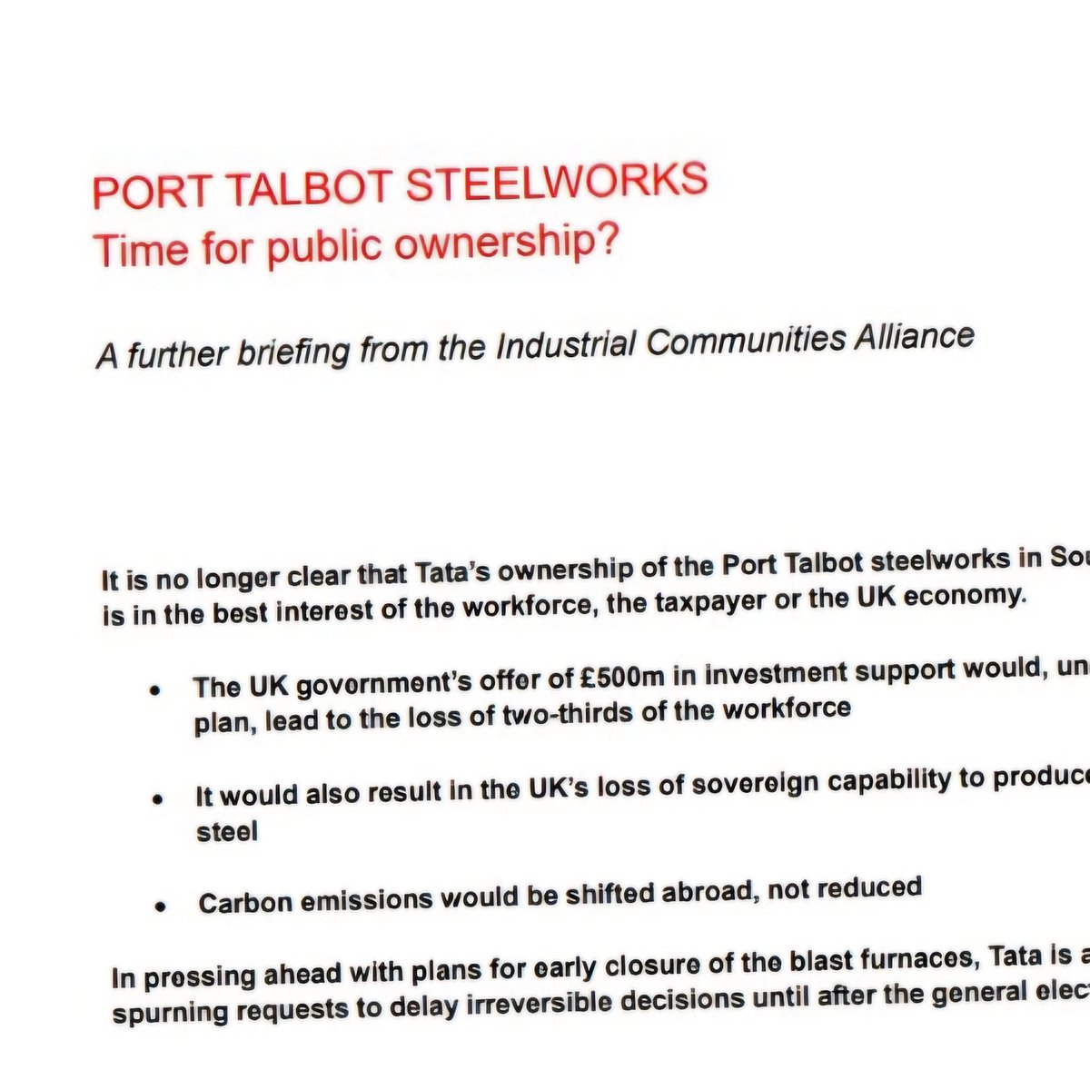 The Conservatives are giving Tata Steel £500m but Port Talbot will lose 2800 jobs.

Rather than give money and jobs away, the Govt could take over the plant, as a new briefing advocates.

Public ownership would buy time to put in place an alternative plan.

#PortTalbot #TataSteel