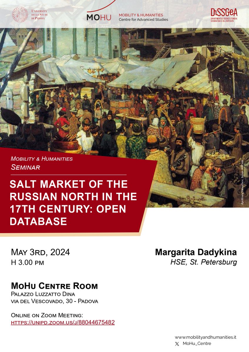 Join us on May 3 for the upcoming MoHu Seminar on 'Salt market of the Russian north in the 17th century: open database' with Margarita Dadykina from HSE, St. Petersburg. The talk is available both online and in person. More info: mobilityandhumanities.it/2024/04/30/sal…