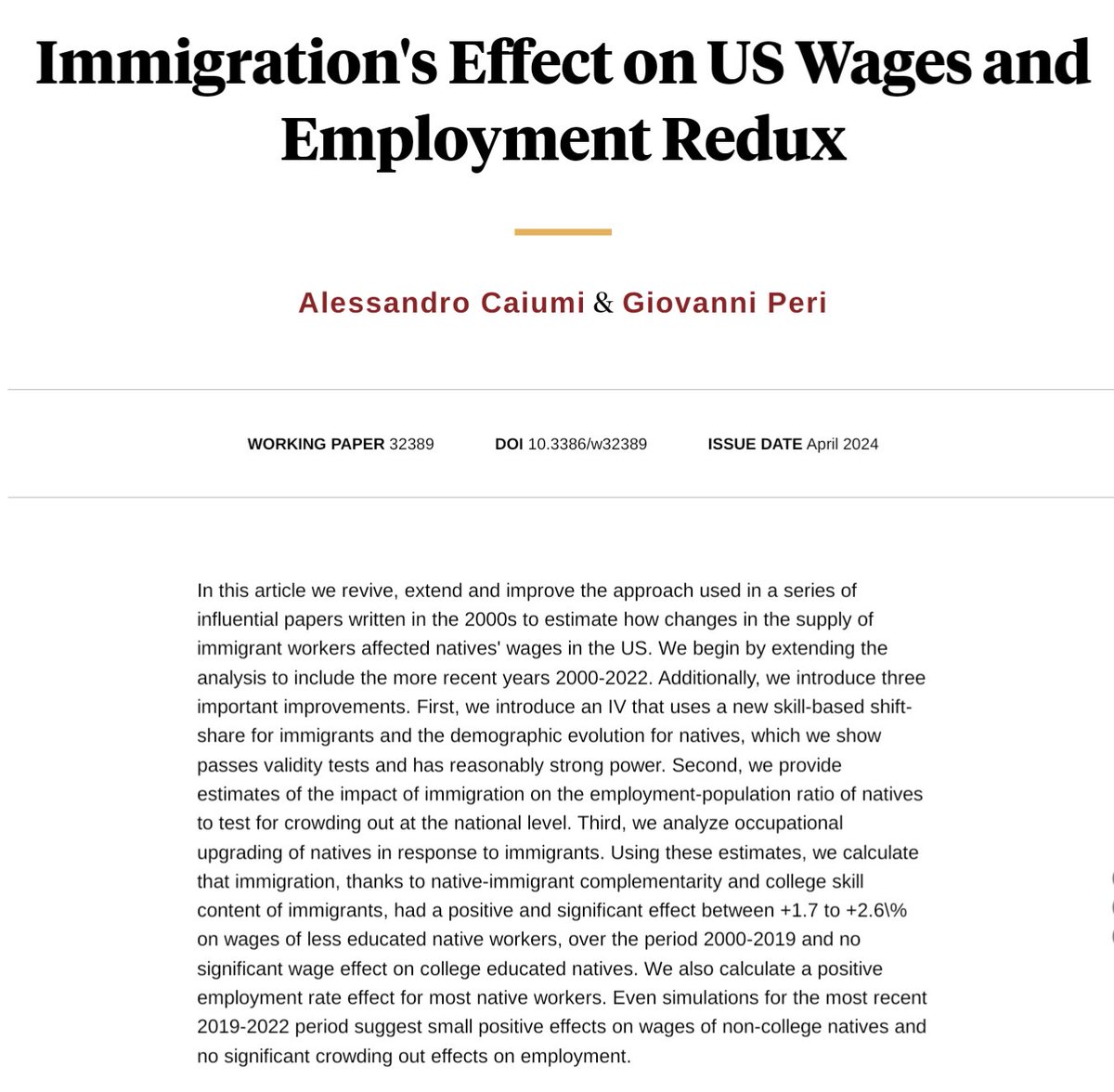 Surprised this paper title isn't 'Borjas was wrong' (Immigration INCREASED the wages of less educated native workers.) nber.org/papers/w32389