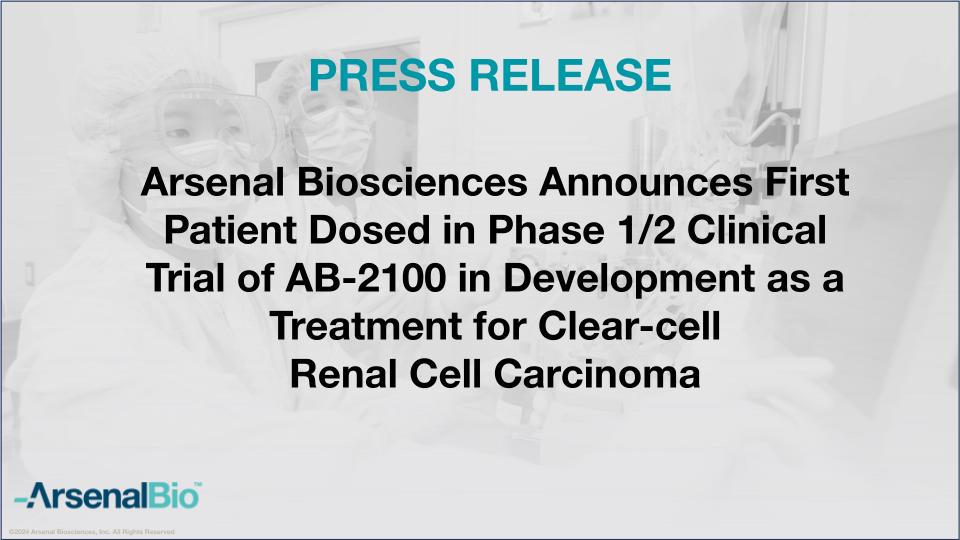 Today, we announced the dosing of the first patient in our phase 1/2 trial of #AB2100 being studied as a potential treatment for clear cell renal cell carcinoma. #kidneycancer #celltherapy.  We are grateful for the team who worked tirelessly to achieve this important milestone…