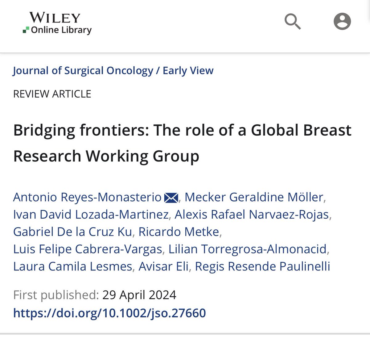 Honored to be part of the <a href="/GlobalBreastRWG/">Global Breast Research Working Group</a> under the leadership of Dr <a href="/Devilrafa/">Antonio R Reyes M</a> ! A friend and a true trailblazer of the LatAm surgery! Congratulations for this new achievement! ⤵️💥🌎✅! #SoMe4Surgery Link: onlinelibrary.wiley.com/doi/10.1002/js…