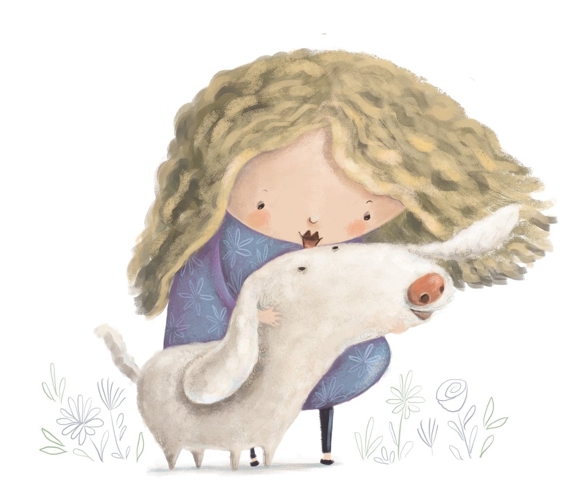 Give your lovely pet a big hug like this little girl by Michelle Hazelwood Hyde! 😁 Check out this artist's #portfolio 👉 childrensillustrators.com/michelle/portf… #kidlitart